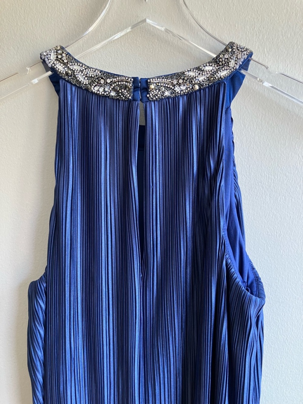 Aidan Mattox Navy Pleated Midi Dress Size 8 Beaded Yoke Sleeveless Wedding Guest - Picture 5 of 13